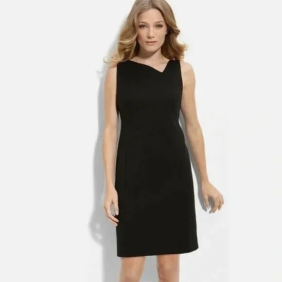 EILEEN FISHER Black Ponte Knit Asymmetric Neck Stretch Sheath Dress LBD Size 2 - Picture 3 of 16